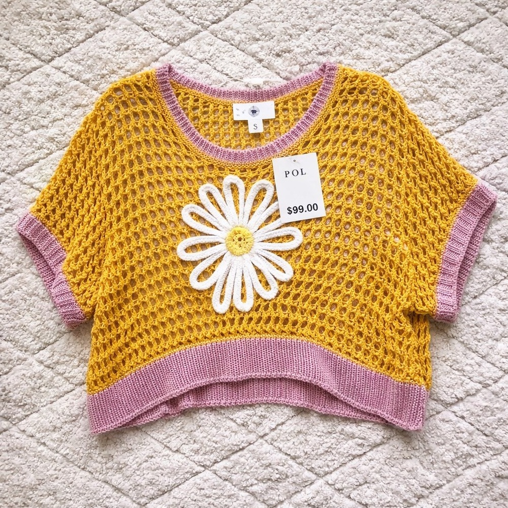 POL Daisy Sweater Open Weave Crochet Boho Knit Yellow Small NWT Festival - Picture 6 of 8
